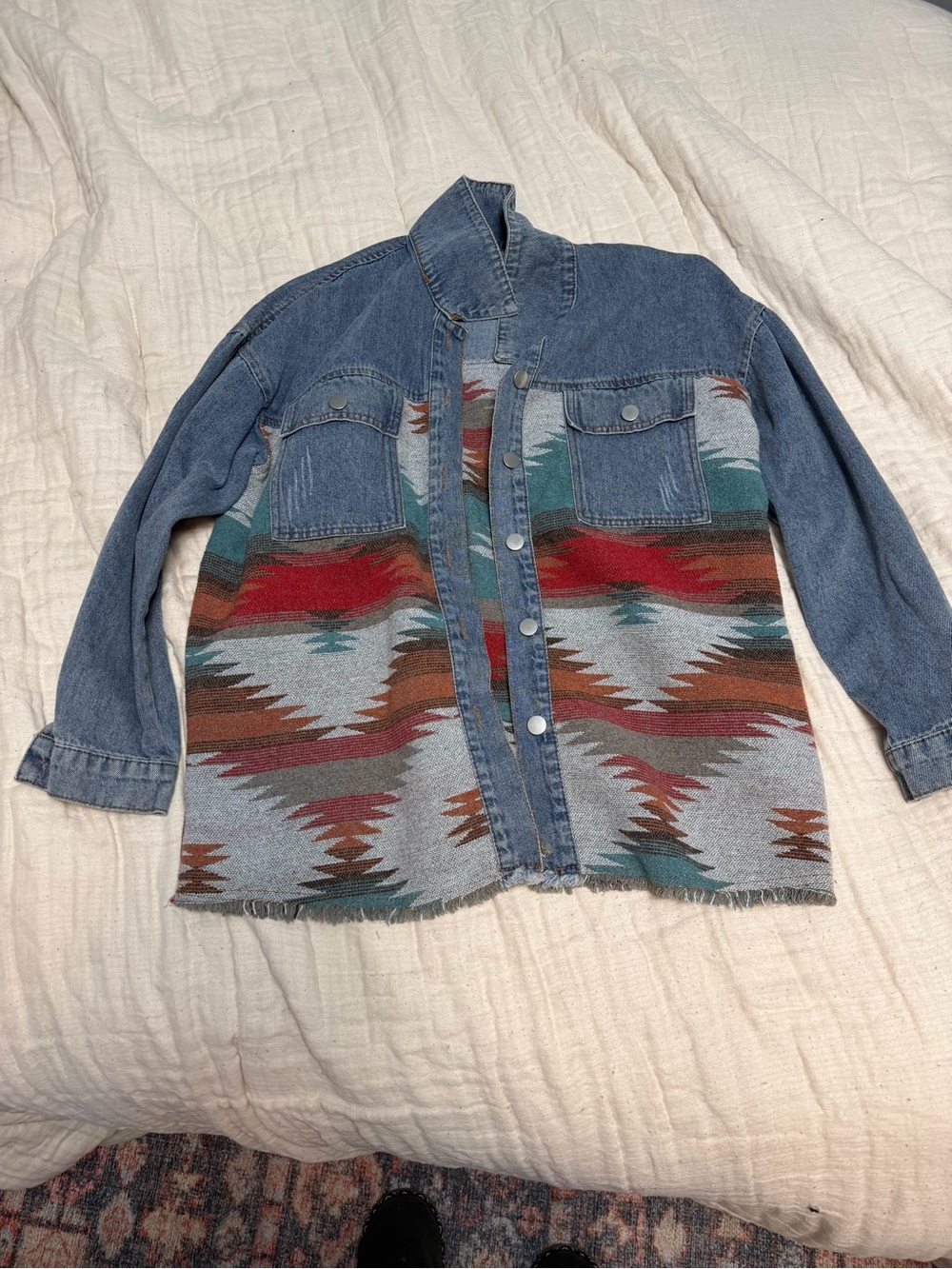 Denim Patchwork Jean Jacket with Southwestern Pattern - Blue